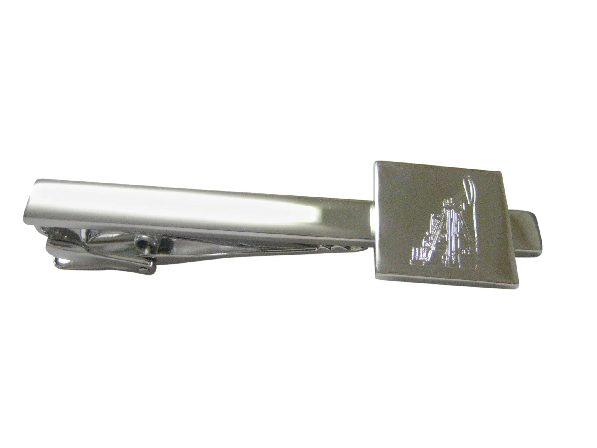 Silver Toned Etched Detailed Oil Drill Square Tie Clip