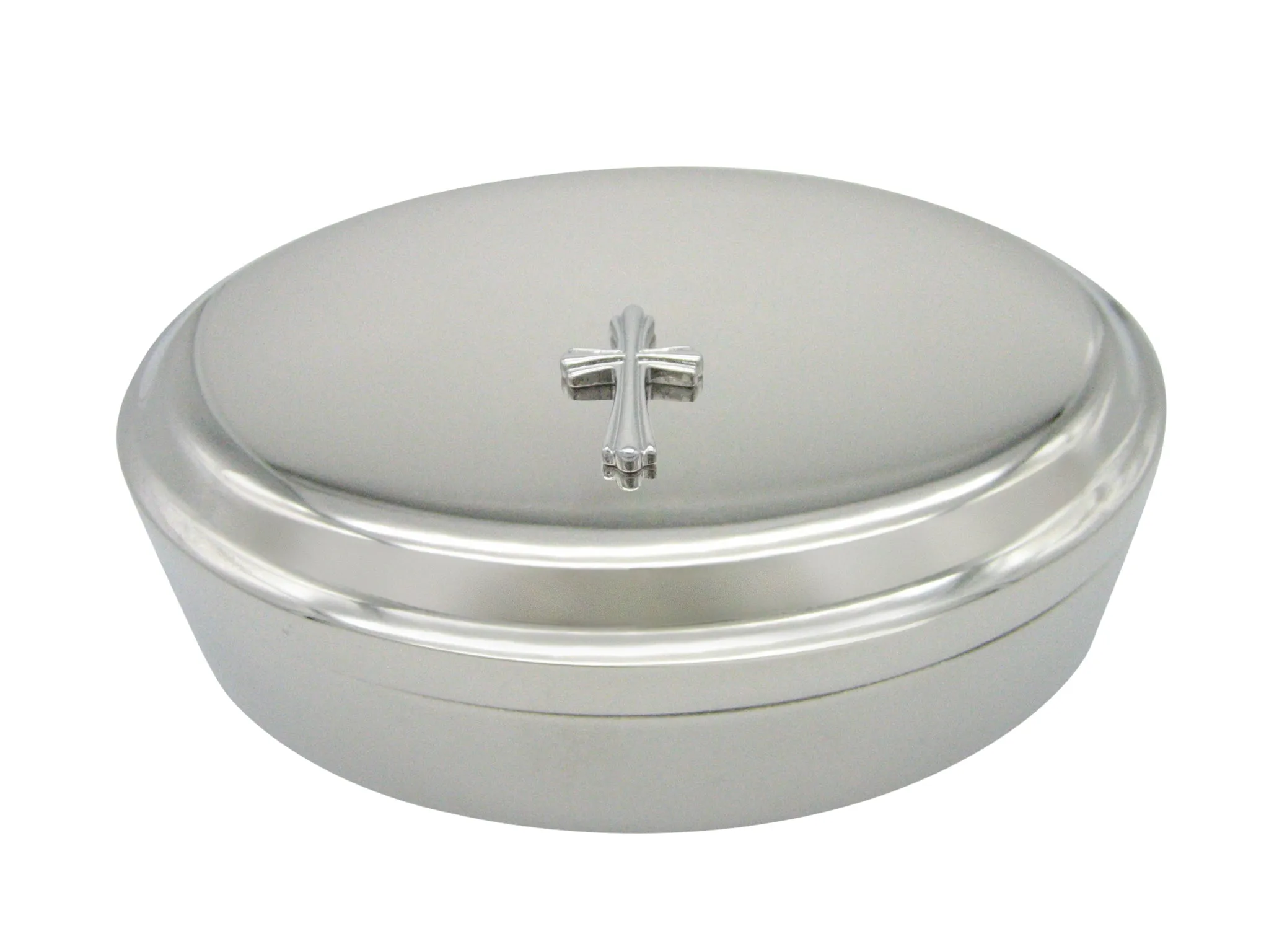 Silver Toned Intricately Detailed Cross Pendant Oval Trinket Jewelry Box