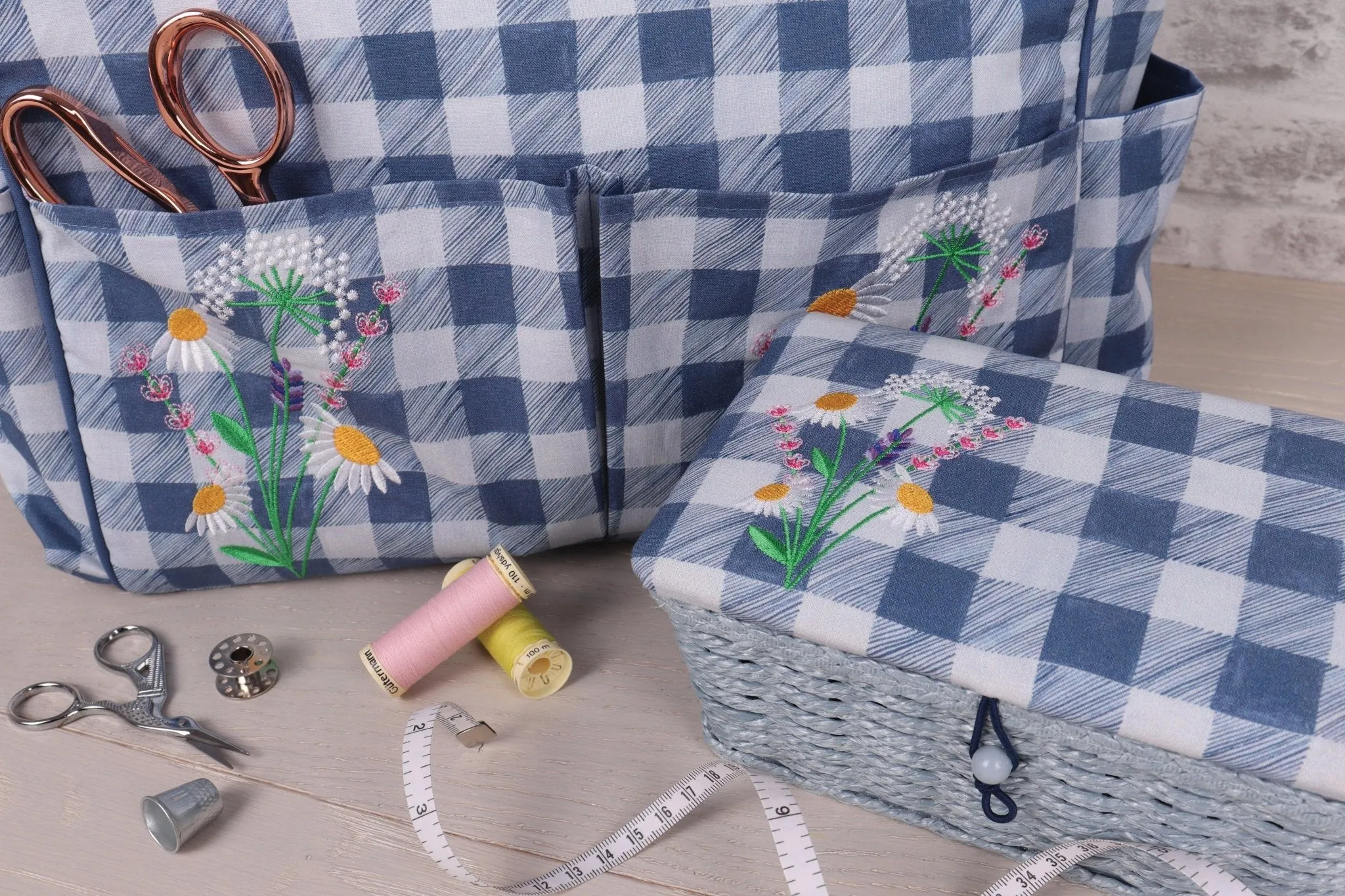 Small Sewing Box | Hobby Gift | Wicker Basket Embroidered Wild Floral Plaid