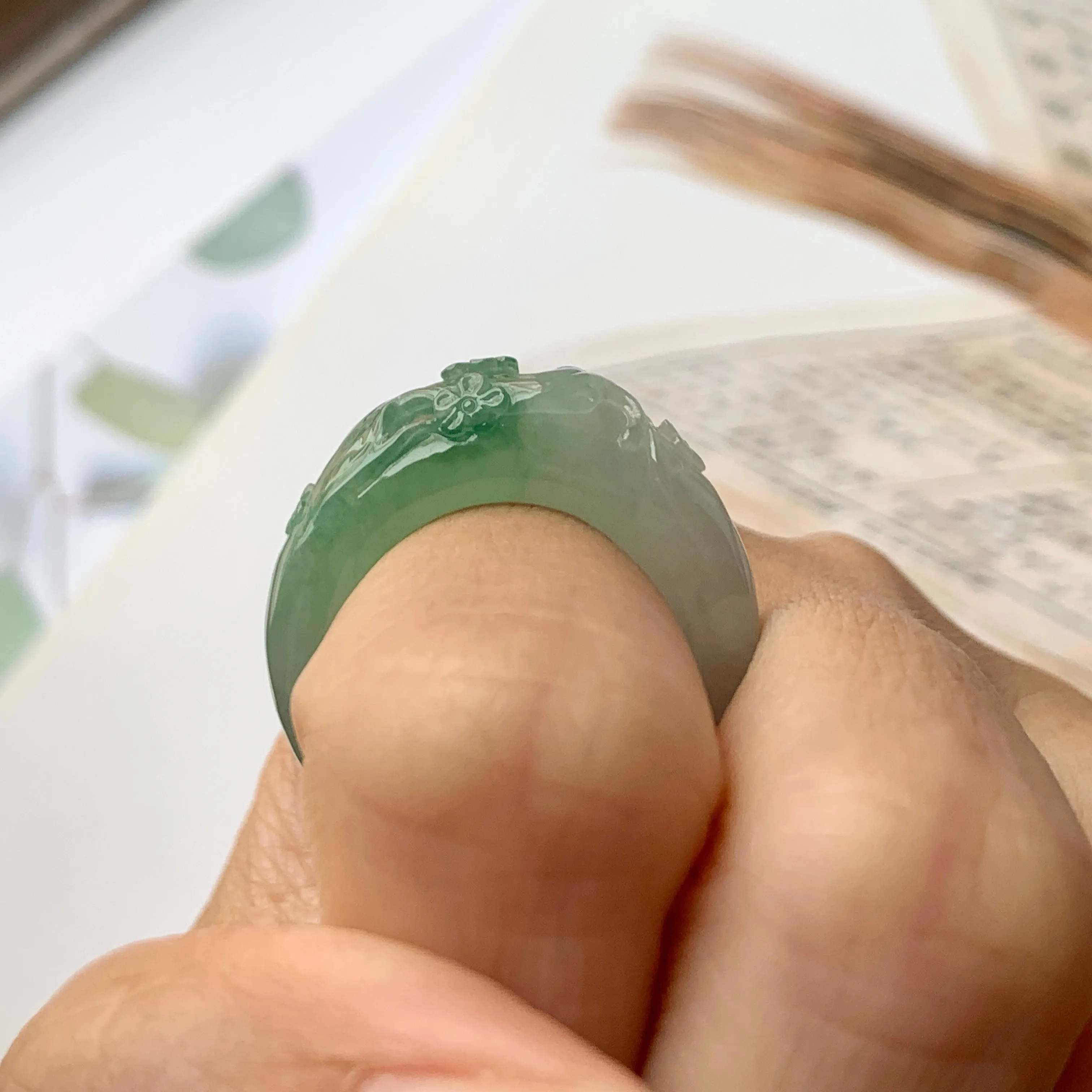 SOLD OUT: 17mm A-Grade Natural Jadeite Joseon Ring Band With Sakura Flowers Carving No.162290