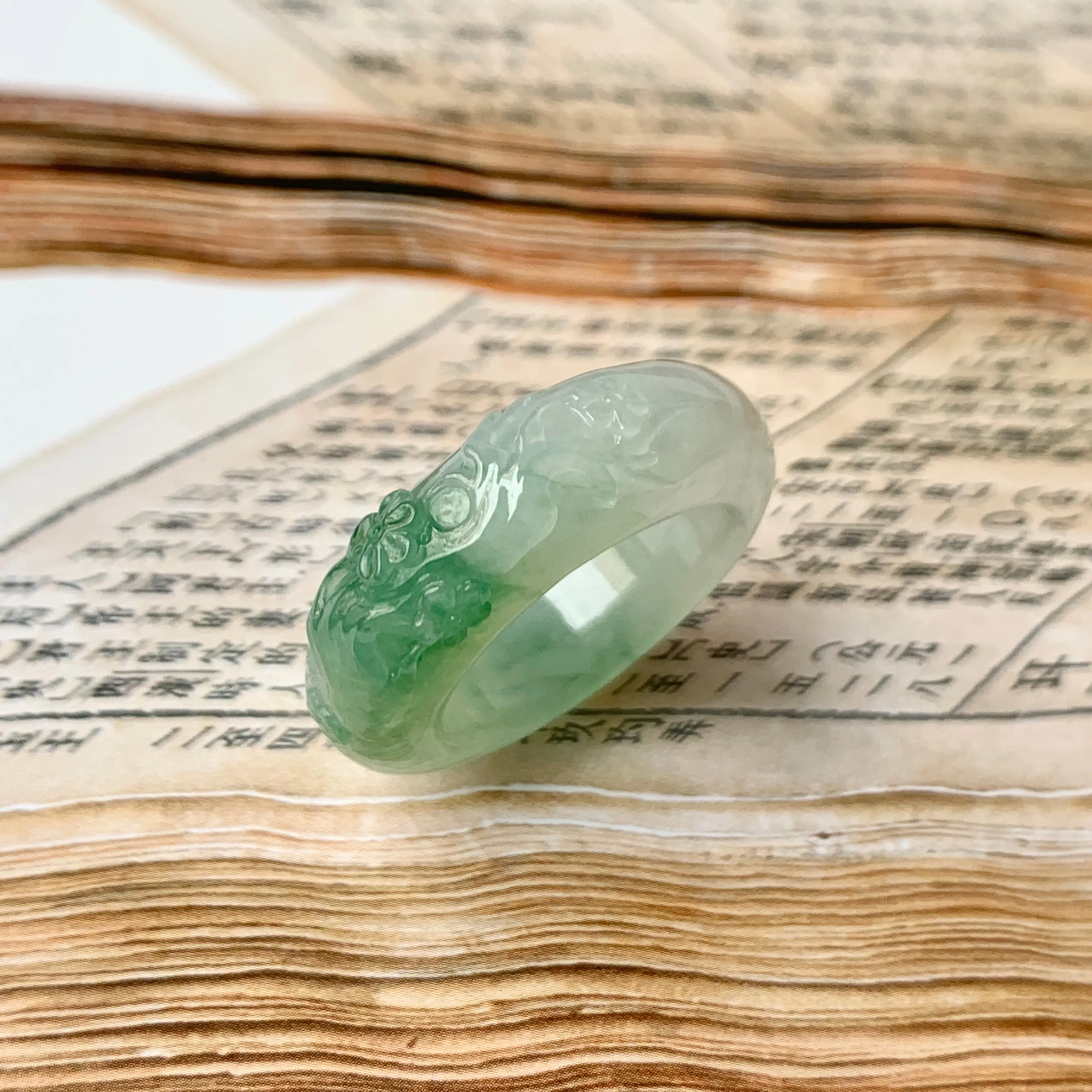 SOLD OUT: 17mm A-Grade Natural Jadeite Joseon Ring Band With Sakura Flowers Carving No.162290