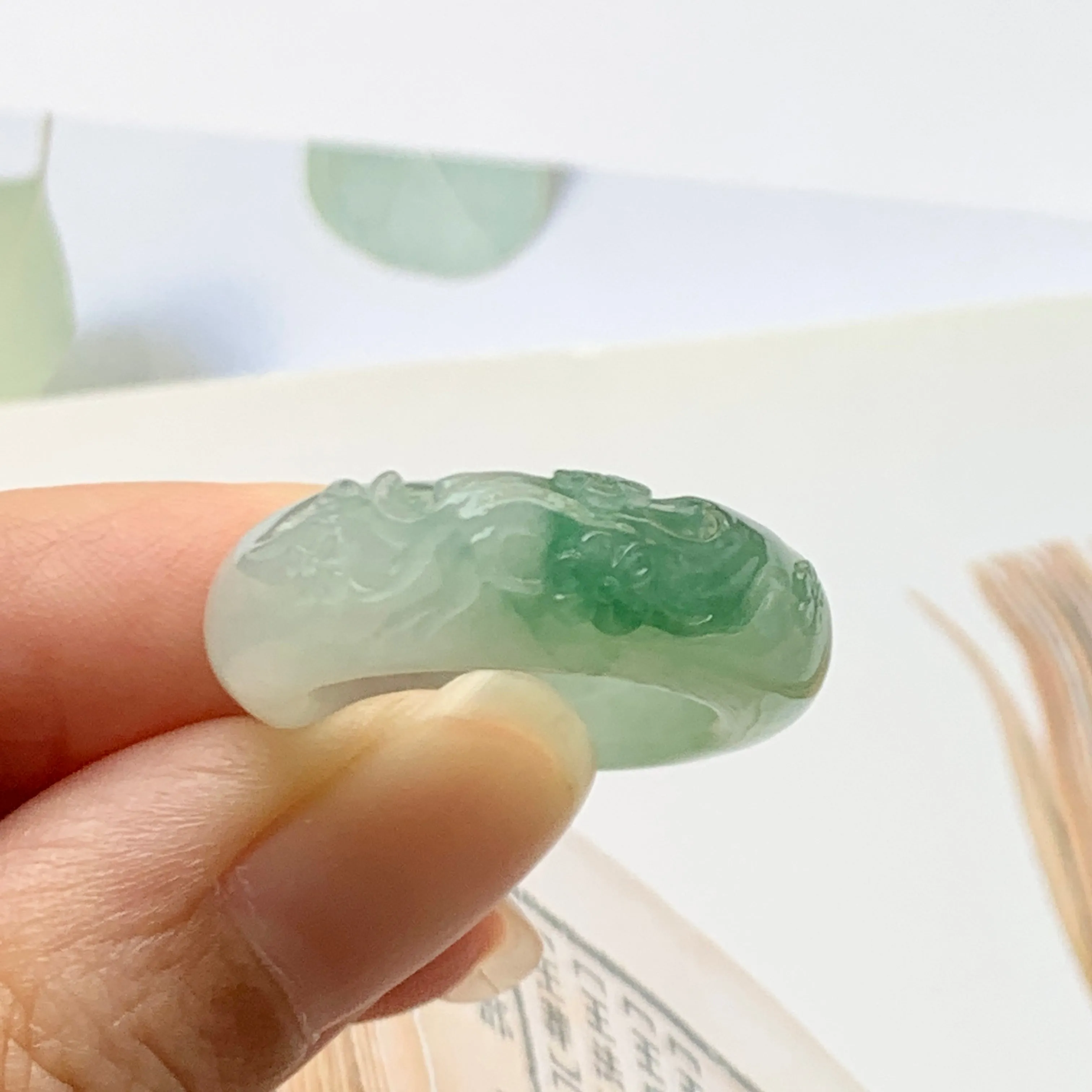 SOLD OUT: 17mm A-Grade Natural Jadeite Joseon Ring Band With Sakura Flowers Carving No.162290