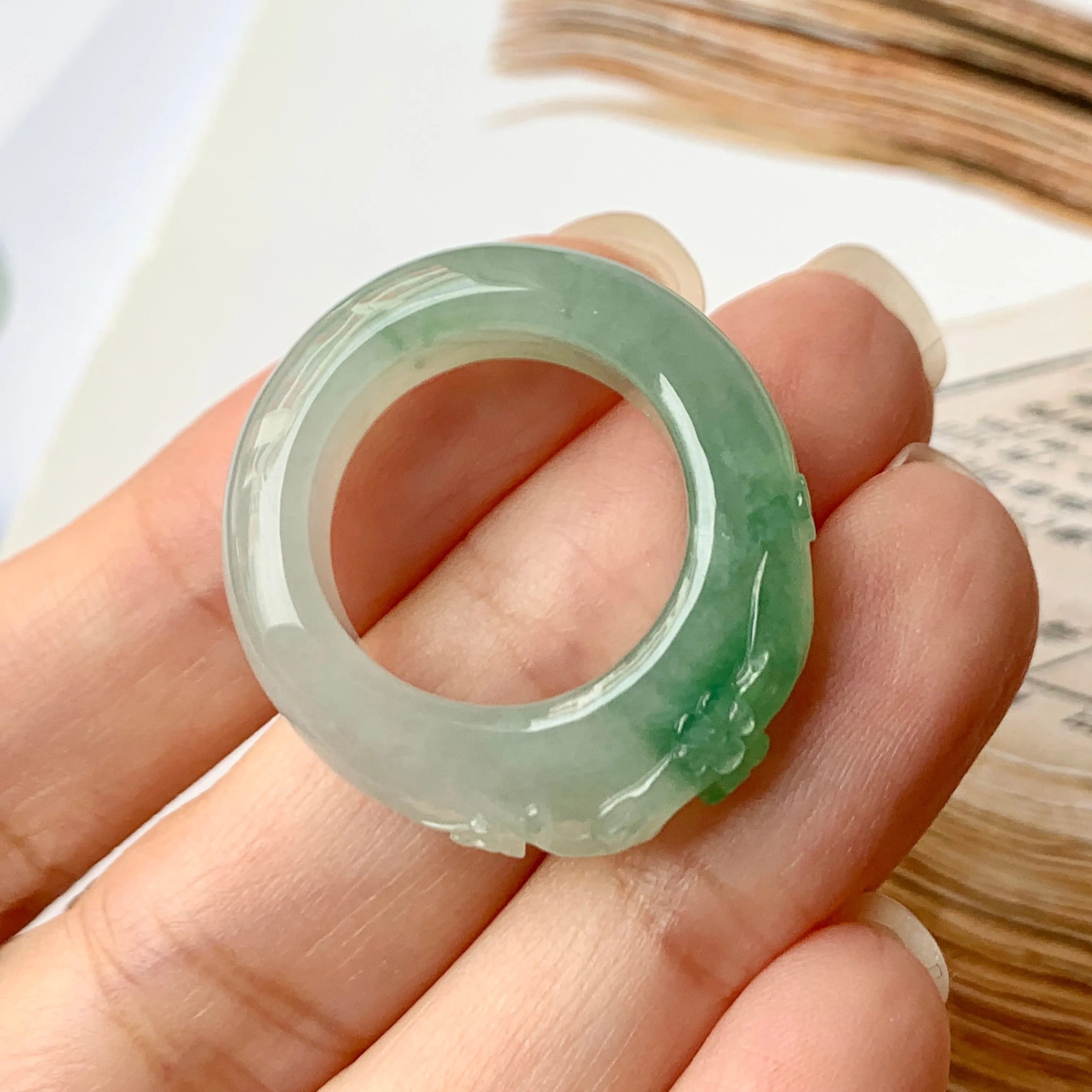 SOLD OUT: 17mm A-Grade Natural Jadeite Joseon Ring Band With Sakura Flowers Carving No.162290