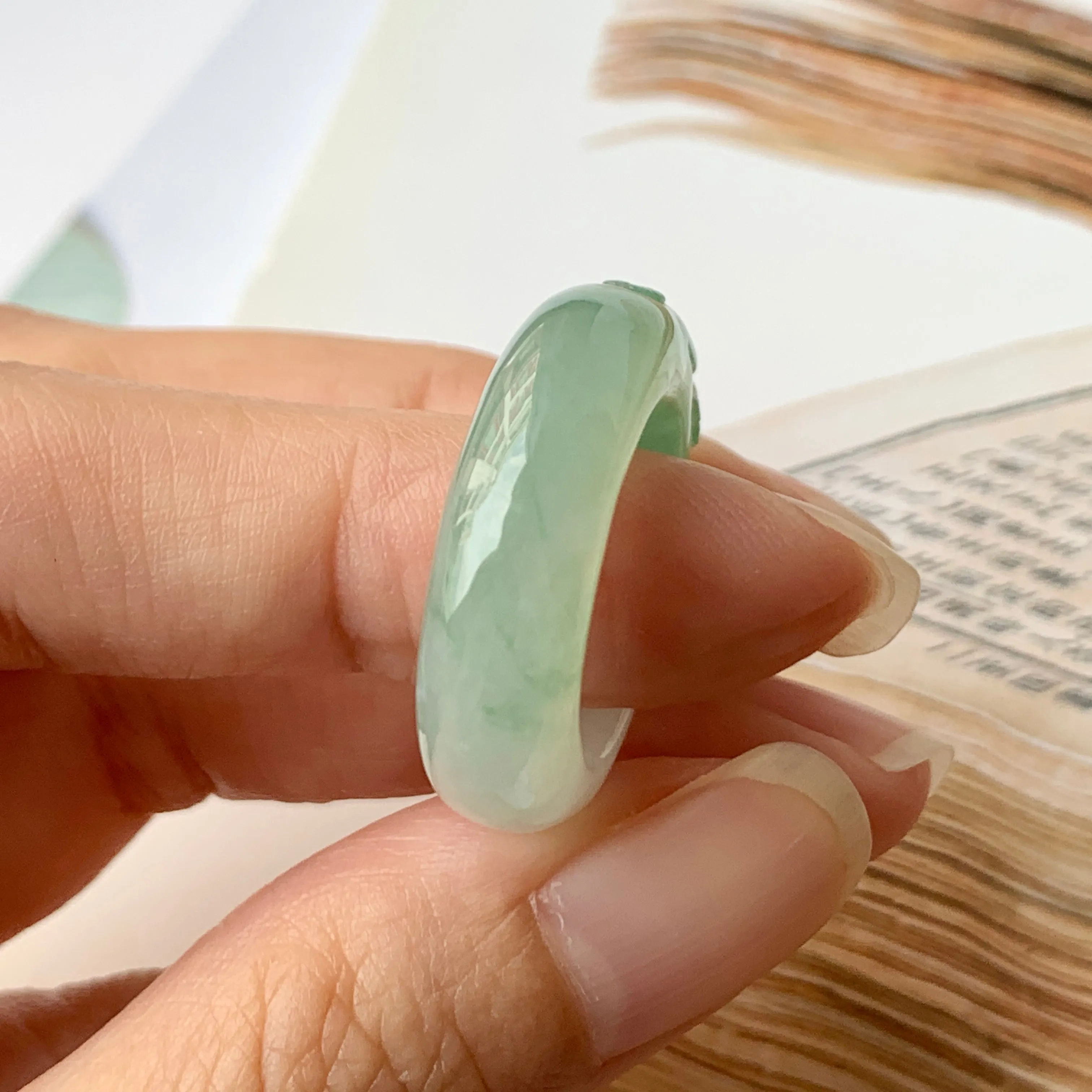 SOLD OUT: 17mm A-Grade Natural Jadeite Joseon Ring Band With Sakura Flowers Carving No.162290