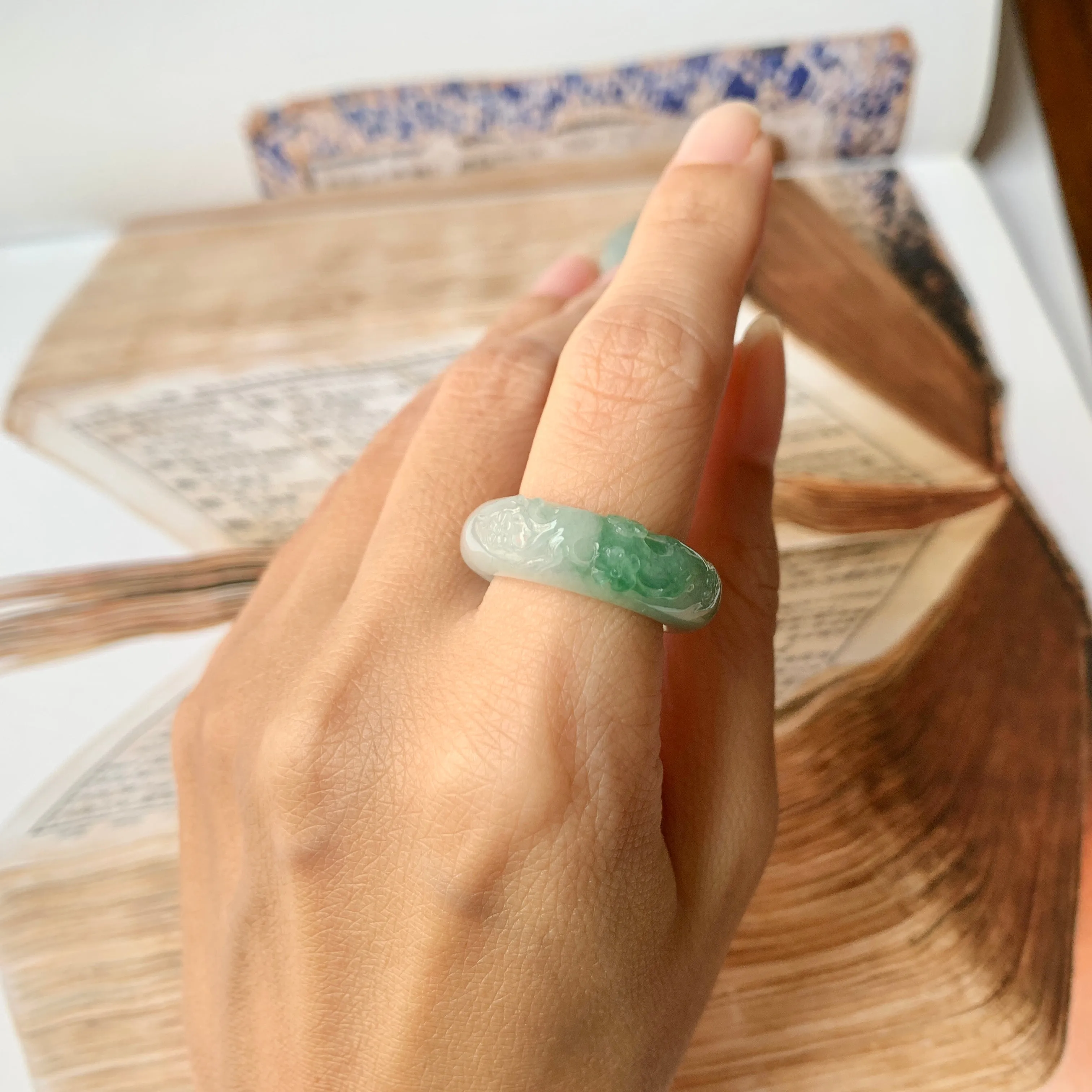 SOLD OUT: 17mm A-Grade Natural Jadeite Joseon Ring Band With Sakura Flowers Carving No.162290