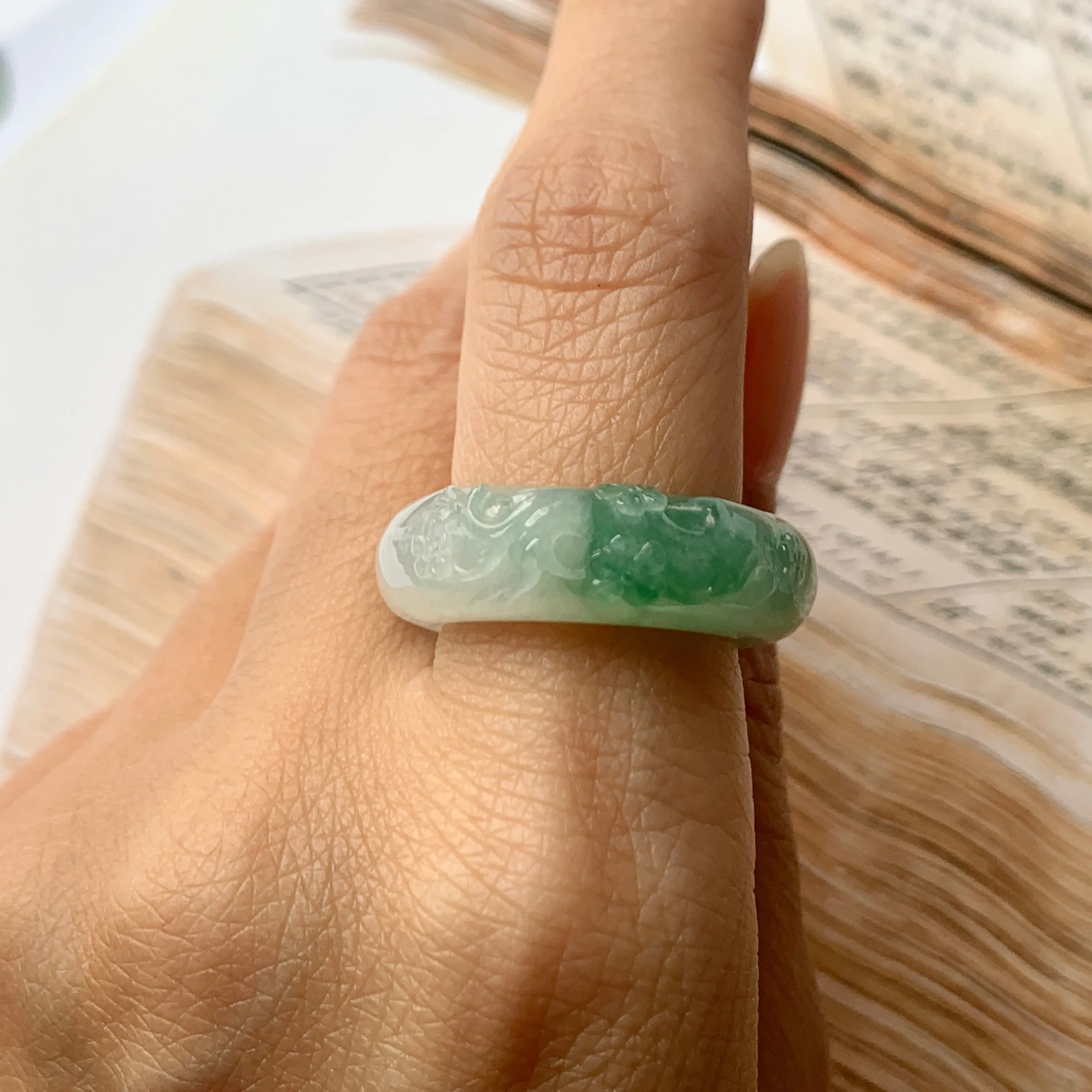 SOLD OUT: 17mm A-Grade Natural Jadeite Joseon Ring Band With Sakura Flowers Carving No.162290