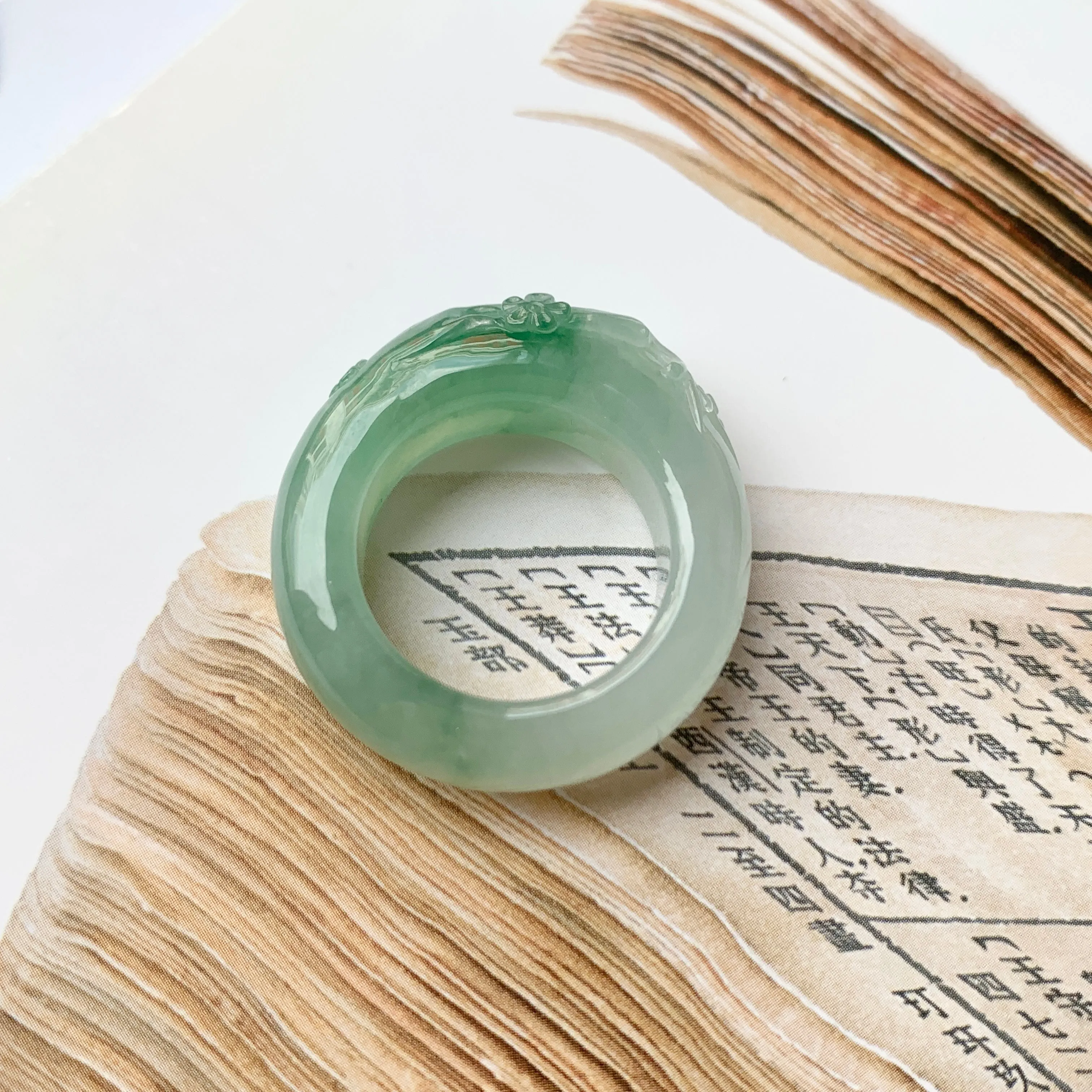 SOLD OUT: 17mm A-Grade Natural Jadeite Joseon Ring Band With Sakura Flowers Carving No.162290