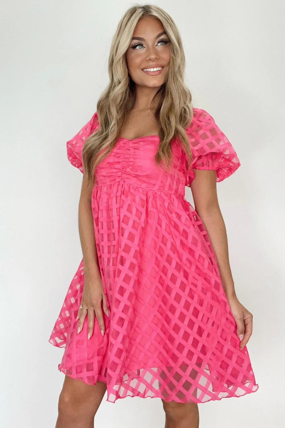 Strawberry Pink Checkered Mesh Puff Sleeve Babydoll Mini Dress
