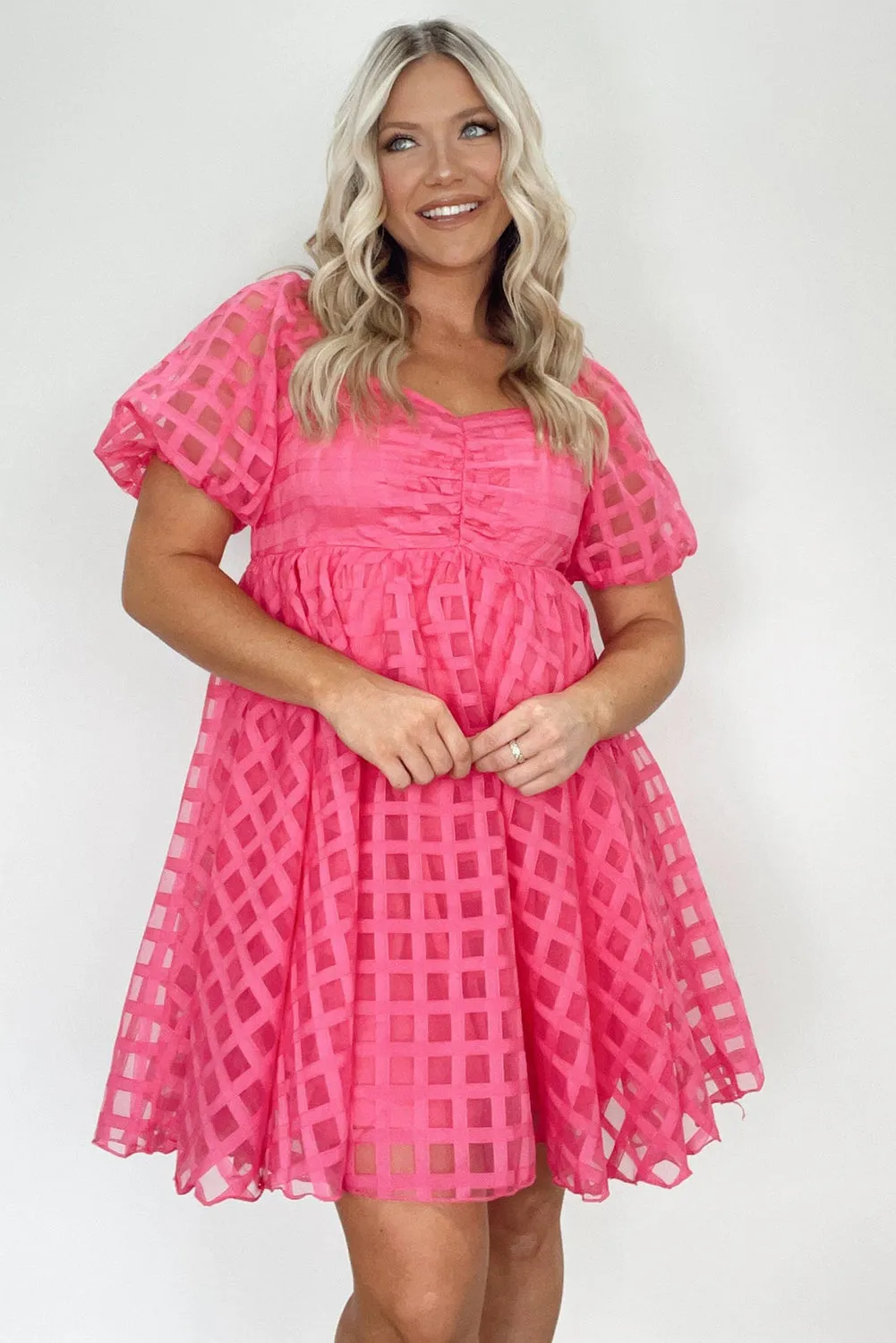 Strawberry Pink Checkered Mesh Puff Sleeve Babydoll Mini Dress