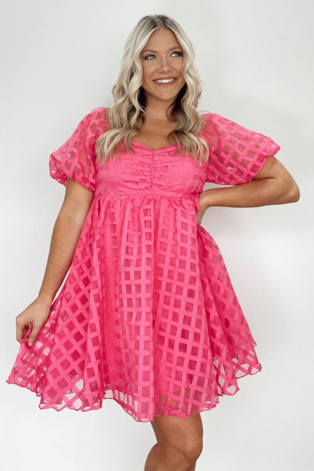 Strawberry Pink Checkered Mesh Puff Sleeve Babydoll Mini Dress