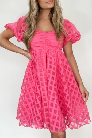 Strawberry Pink Checkered Mesh Puff Sleeve Babydoll Mini Dress
