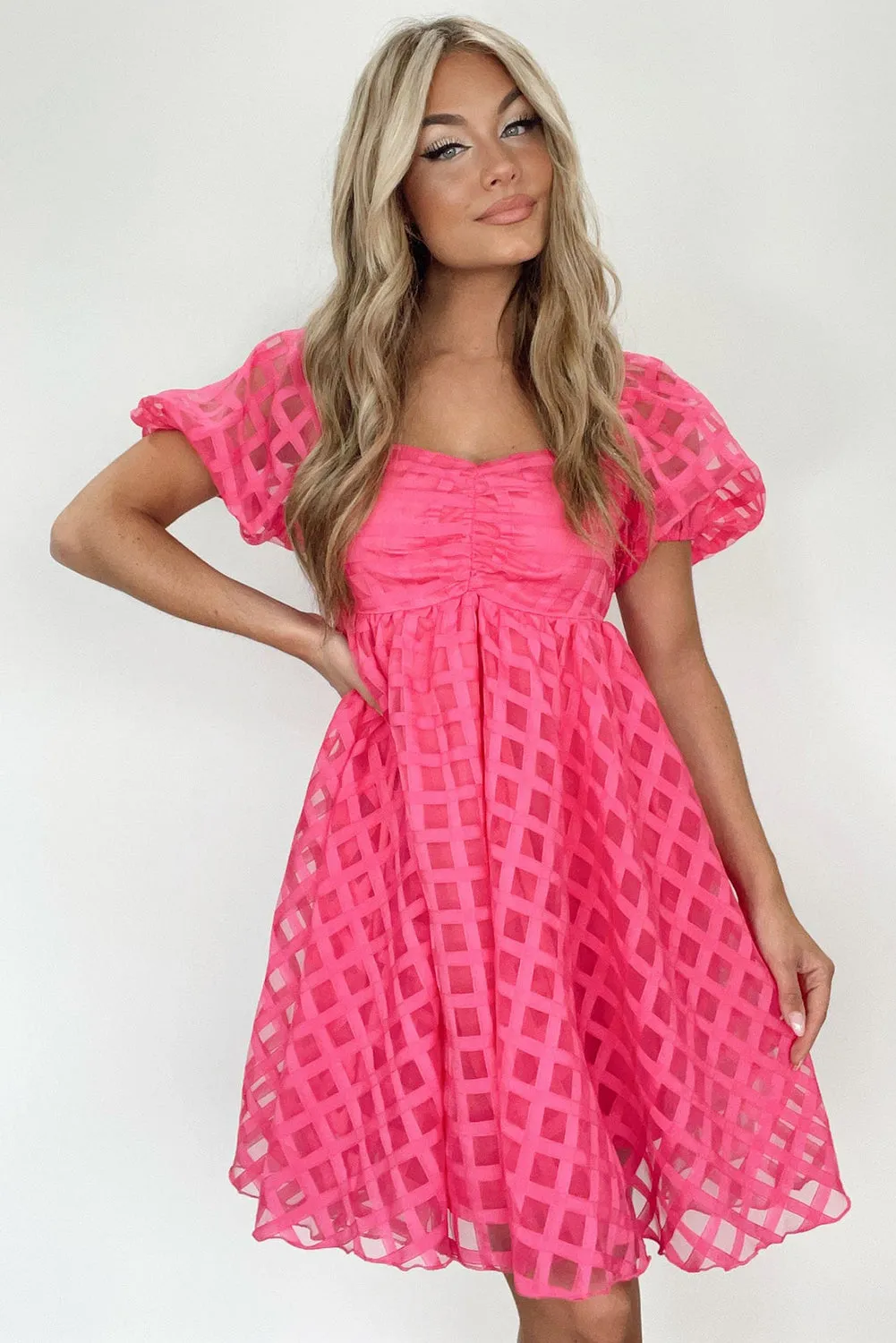 Strawberry Pink Checkered Mesh Puff Sleeve Babydoll Mini Dress