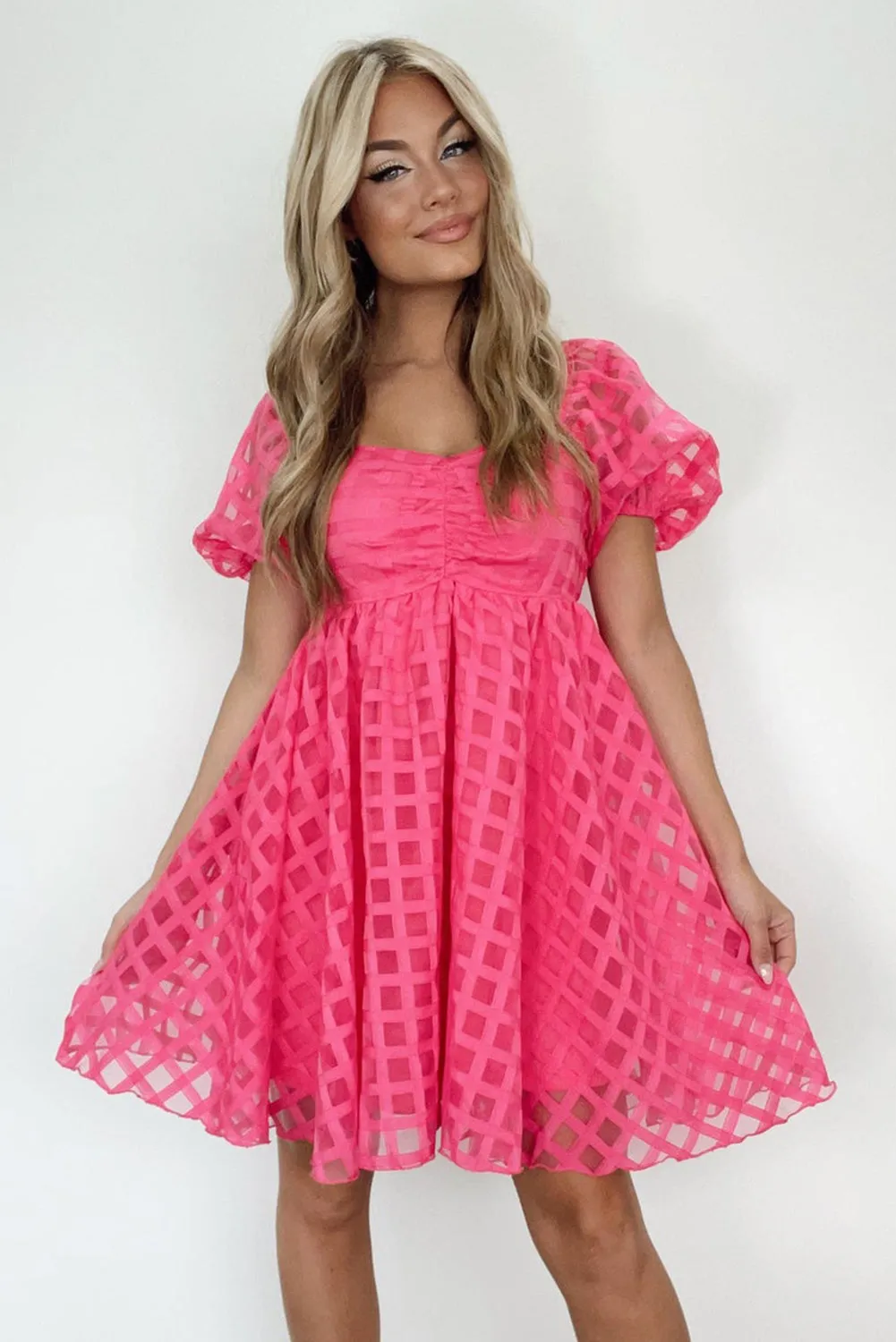 Strawberry Pink Checkered Mesh Puff Sleeve Babydoll Mini Dress