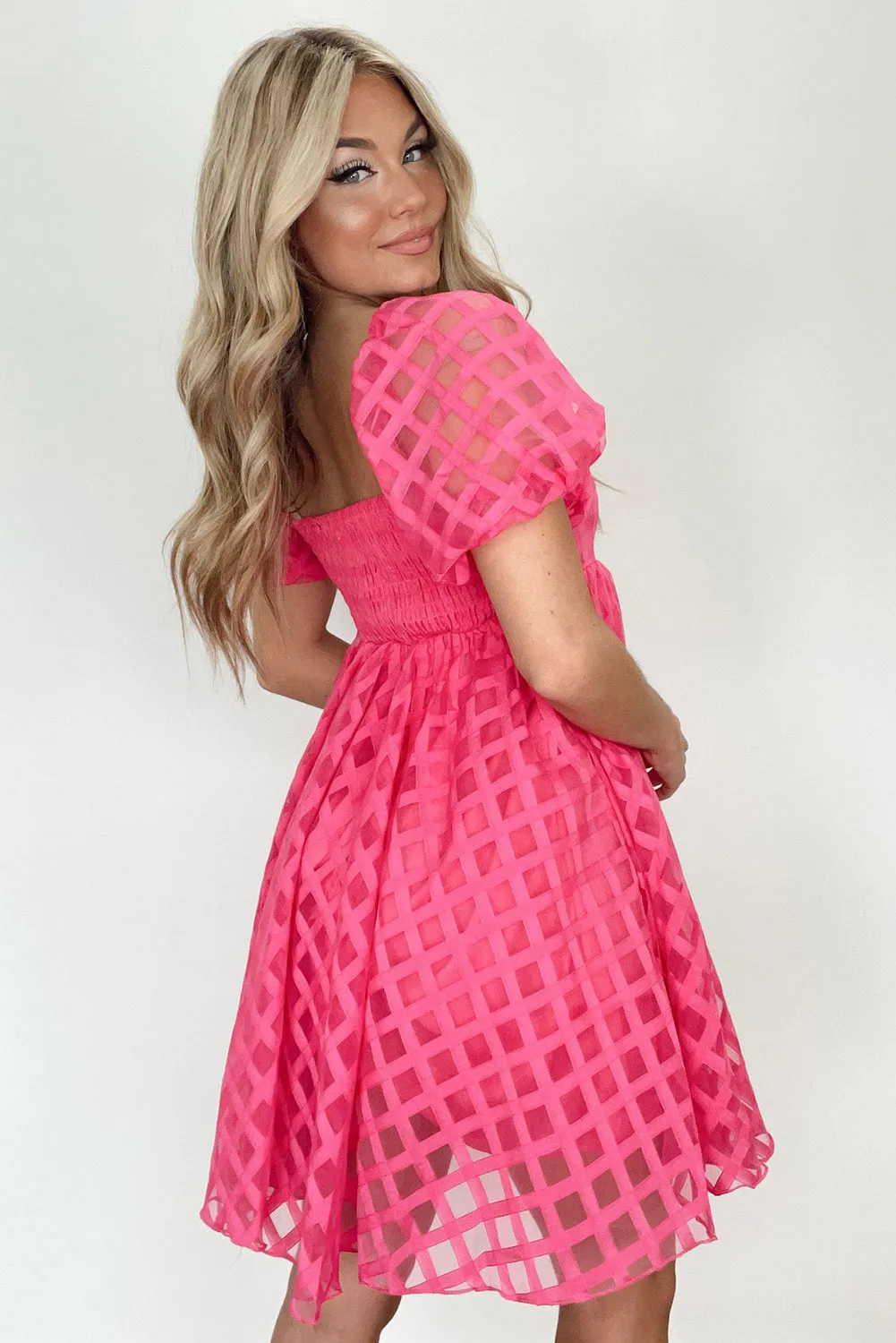 Strawberry Pink Checkered Mesh Puff Sleeve Babydoll Mini Dress