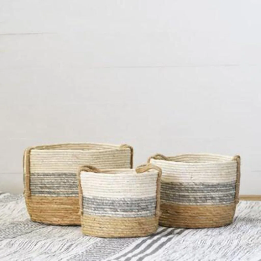 Striped Straw Handle Basket