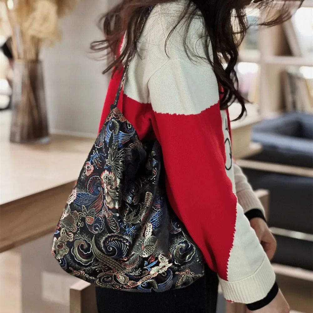 Suxi Fabric Bag – New Chinese Style Jacquard Satin Floral Underarm Bag, Single Shoulder Canvas Bag, Vintage Artistic Niche Design for Women