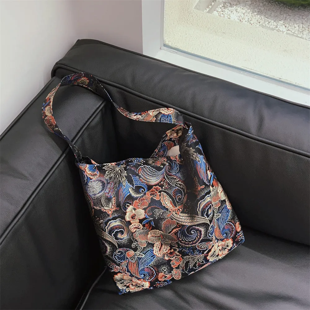 Suxi Fabric Bag – New Chinese Style Jacquard Satin Floral Underarm Bag, Single Shoulder Canvas Bag, Vintage Artistic Niche Design for Women