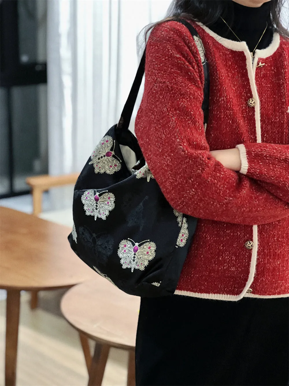 Suxi Fabric Bag – New Chinese Style Jacquard Satin Floral Underarm Bag, Single Shoulder Canvas Bag, Vintage Artistic Niche Design for Women
