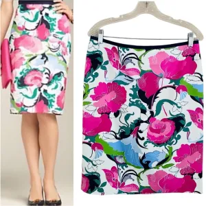Talbots NWT Navy &amp; Pink Colorful Floral Summer Ready Classic Pencil Skirt Sz 10