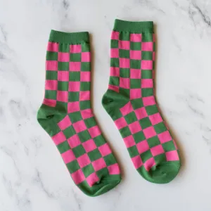 The Checkered Printed Socks - Green & Pink