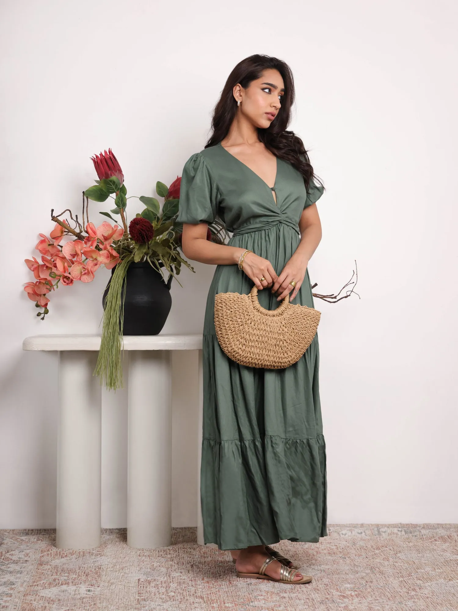Tie Up Detailed Teired Maxi Dress