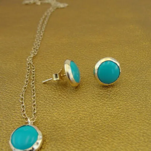 Turquoise Stud Earrings 14k Yellow Gold Filled  Handmade 10mm Round Hadar Designers (v