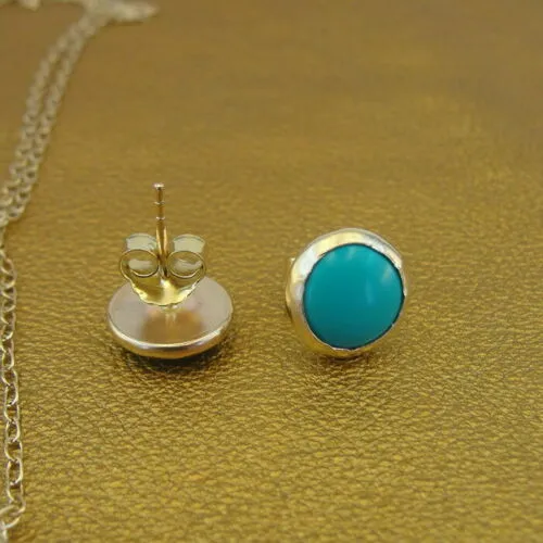 Turquoise Stud Earrings 14k Yellow Gold Filled  Handmade 10mm Round Hadar Designers (v