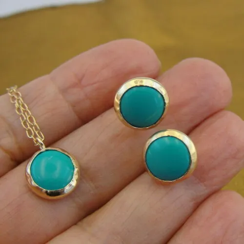 Turquoise Stud Earrings 14k Yellow Gold Filled  Handmade 10mm Round Hadar Designers (v