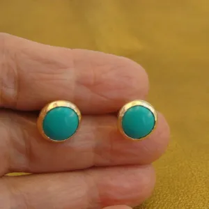 Turquoise Stud Earrings 14k Yellow Gold Filled  Handmade 10mm Round Hadar Designers (v