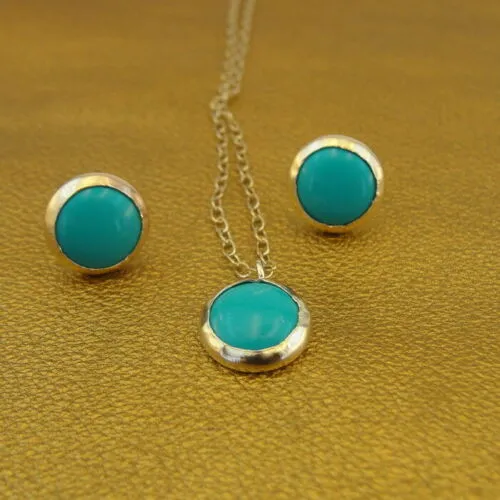 Turquoise Stud Earrings 14k Yellow Gold Filled  Handmade 10mm Round Hadar Designers (v