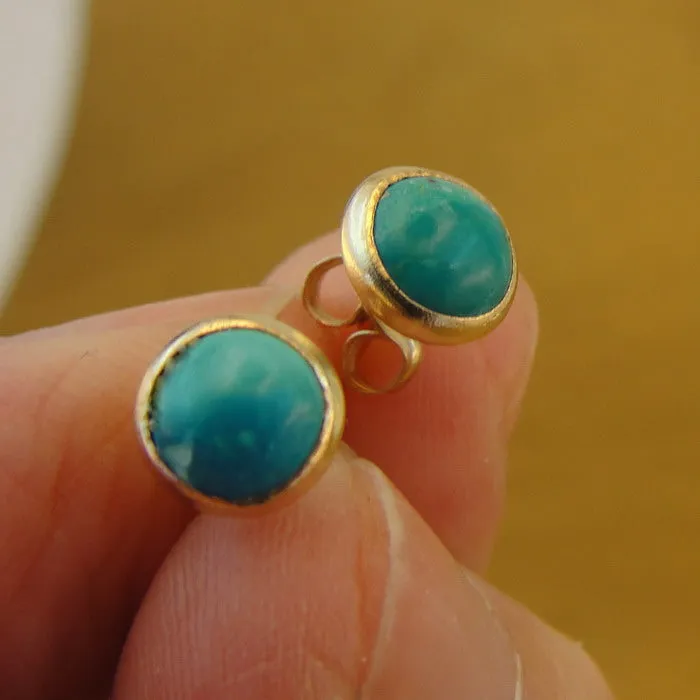 Turquoise Stud Earrings 6mm  Handmade 14k Yellow Gold filled Hadar Designers  (v