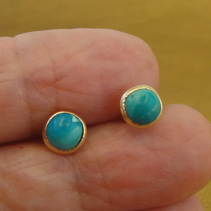 Turquoise Stud Earrings 6mm  Handmade 14k Yellow Gold filled Hadar Designers  (v