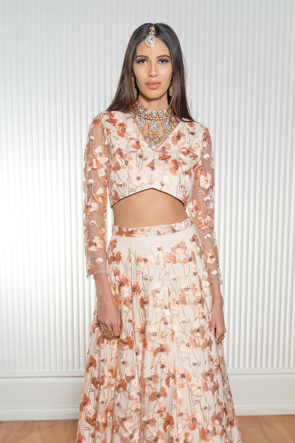 VANIDA Peach Floral Lace Lehenga Top
