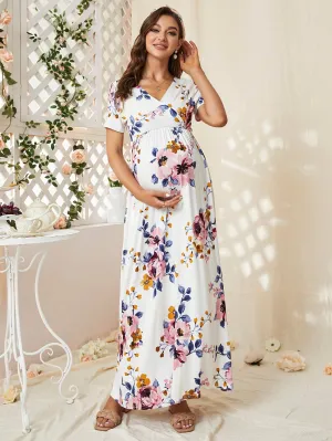 Vestido de Maternidad Floral con Cuello Cruzado