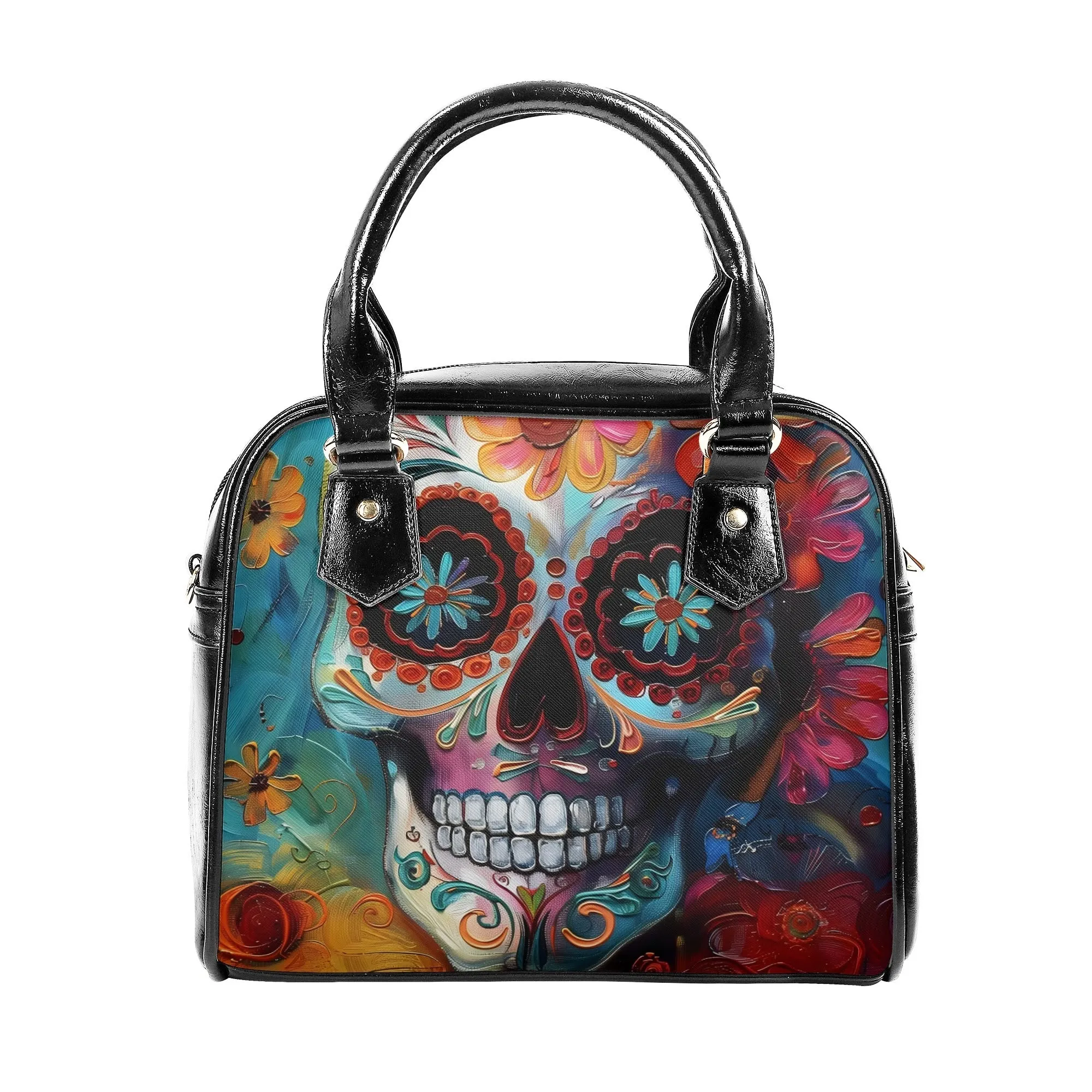 Vibrant Sugar Skull Handbag – Artistic PU Leather Tote with Shoulder Strap