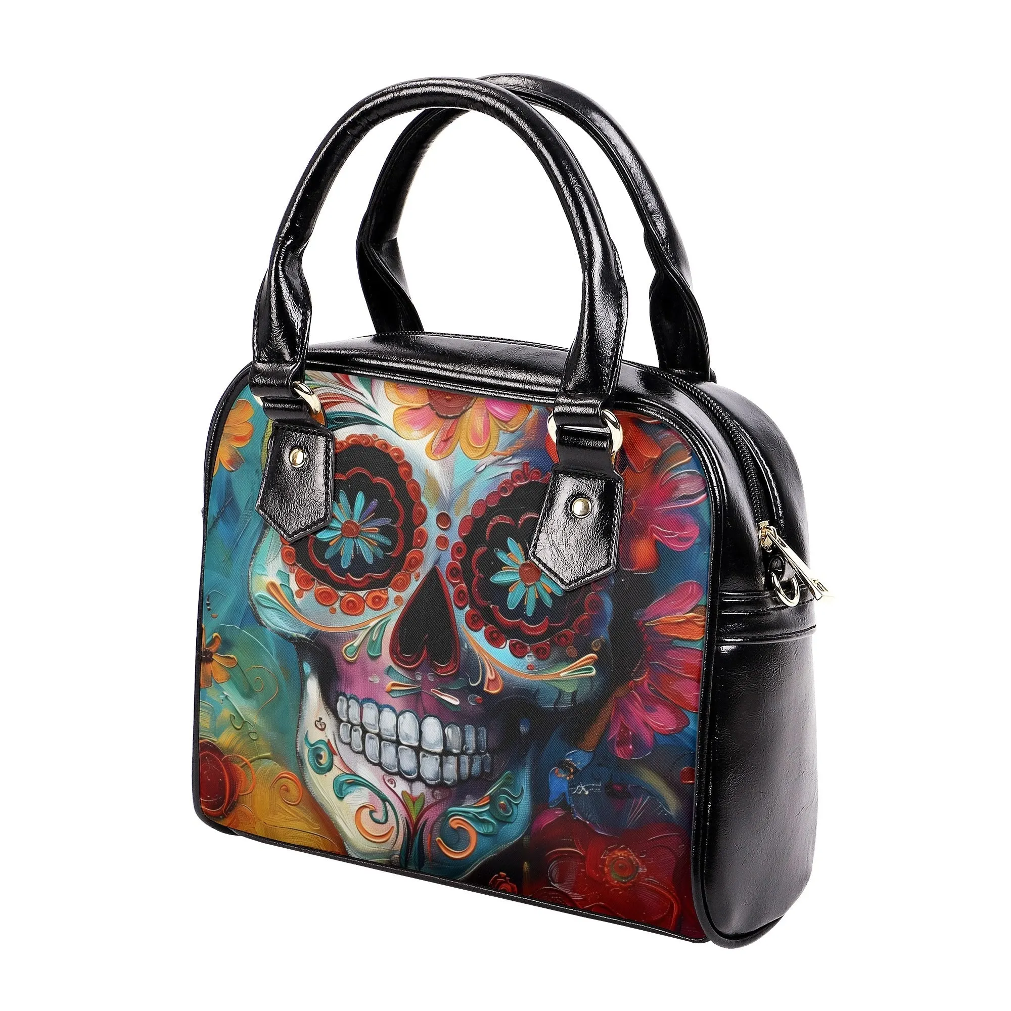 Vibrant Sugar Skull Handbag – Artistic PU Leather Tote with Shoulder Strap