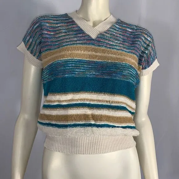 Vintage 60’s Mod JC Penny Striped Terry Cloth Pullover Short Sleeve Sweater Larg