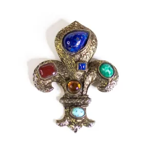 Vintage Fleur de Lis Brooch with Colorful Cabochons