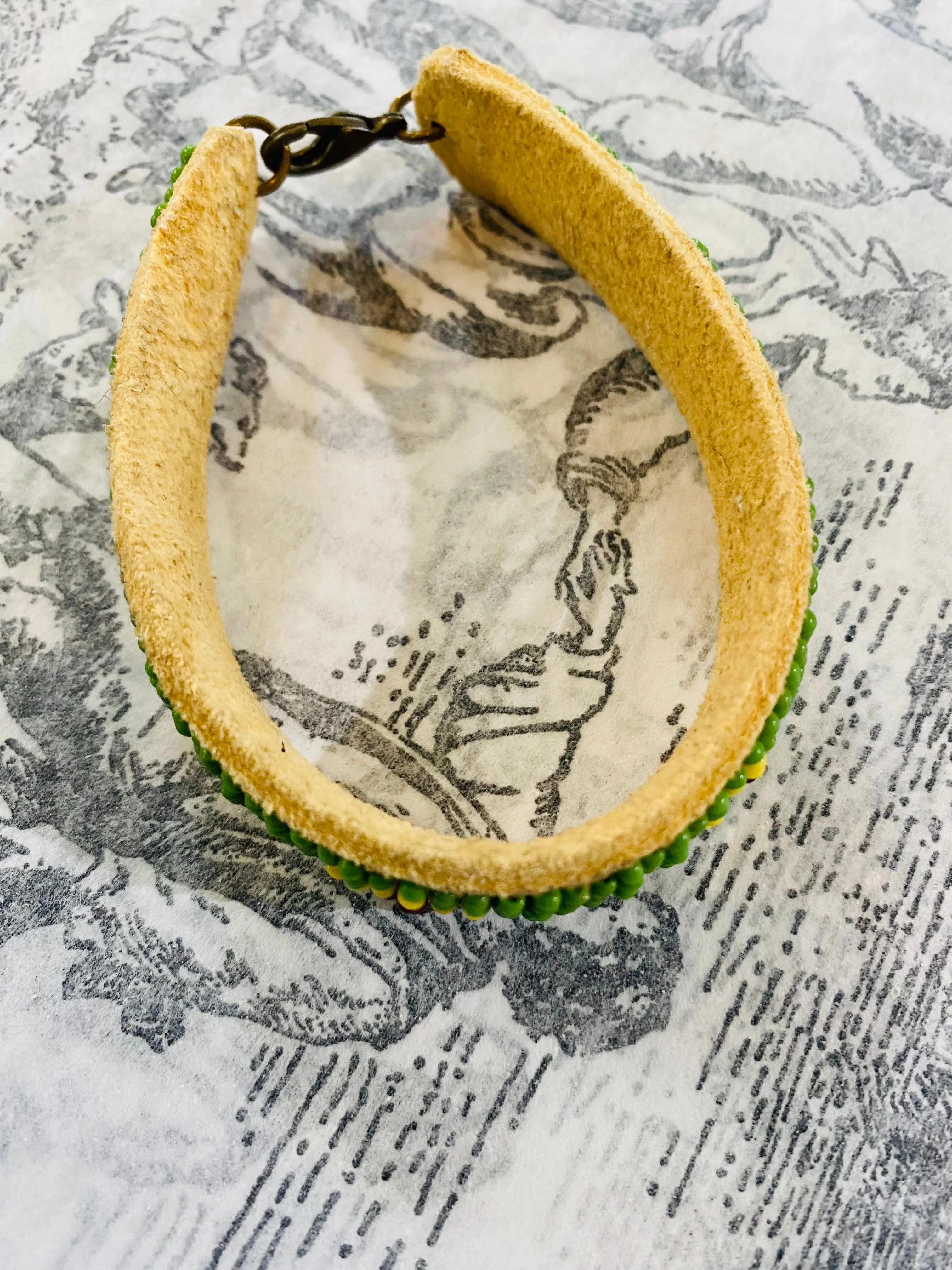 Vintage Green and Yellow Beaded Suede Bracelet