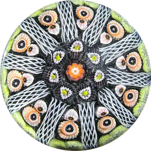Vintage Strathearn Glass Art Paperweight Colorful Paneled Millefiori and White Filigree on Opaque Black Ground