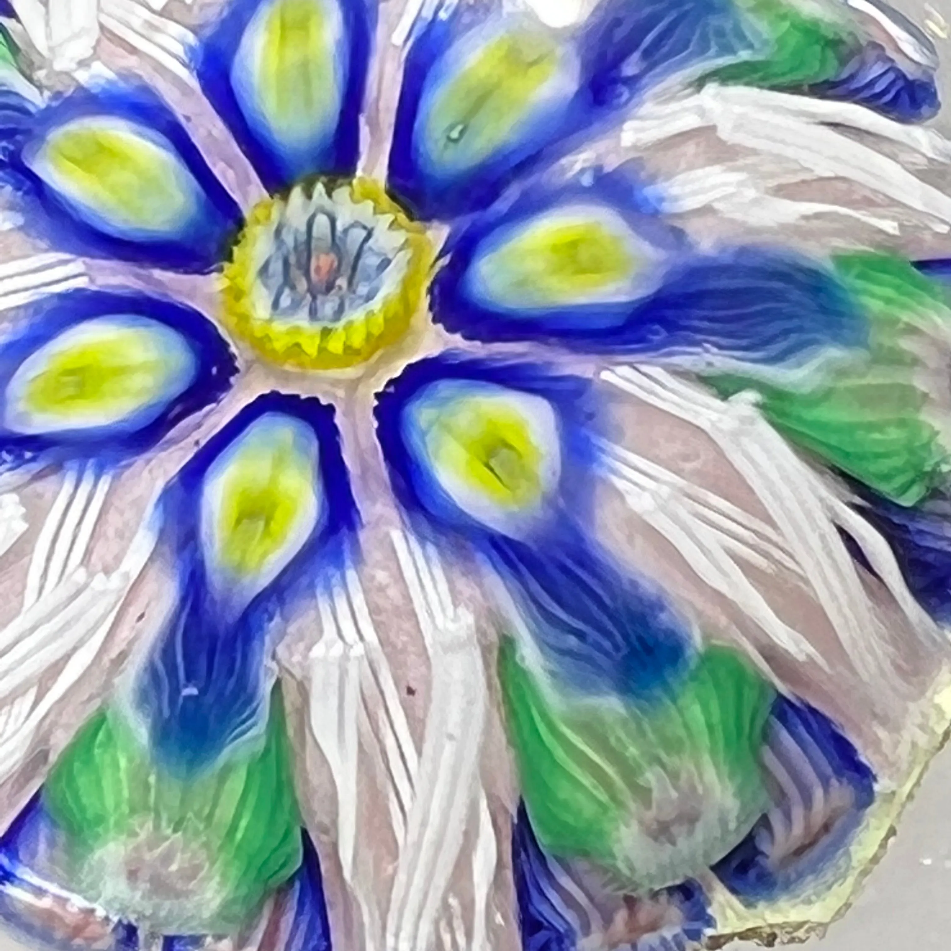Vintage Strathearn Pressed Star Glass Art Paperweight with Radial Millefiori & Filigree Design