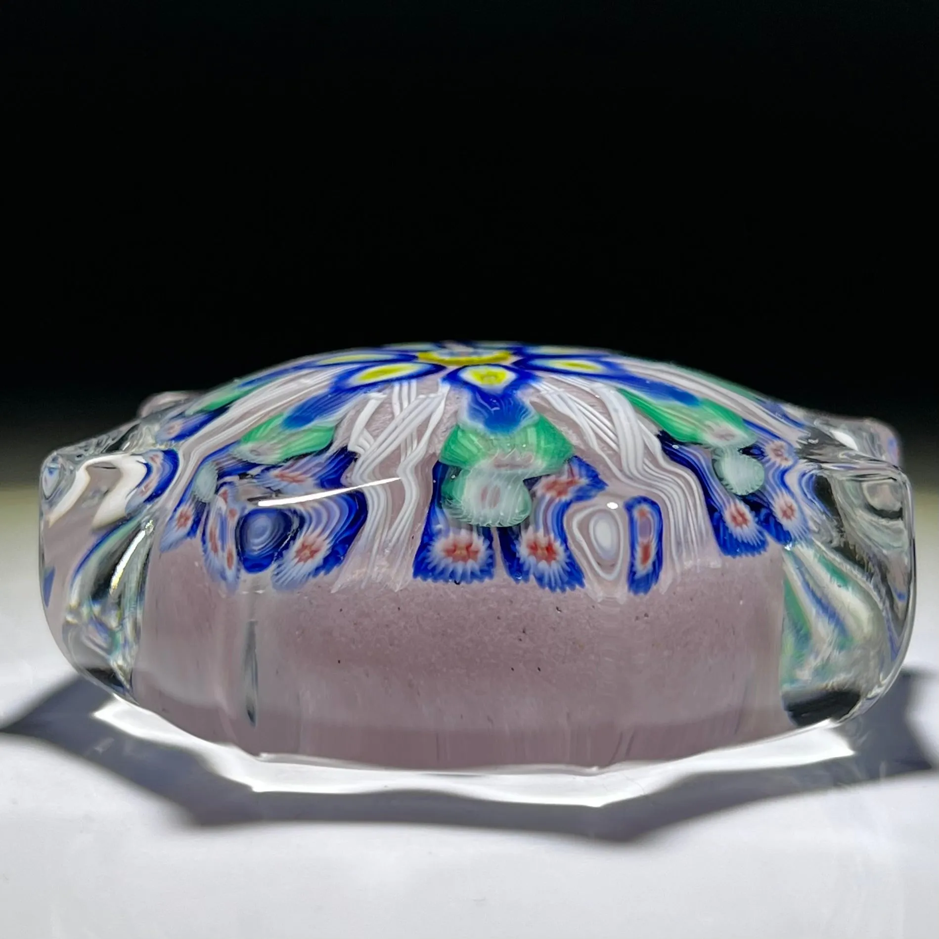 Vintage Strathearn Pressed Star Glass Art Paperweight with Radial Millefiori & Filigree Design