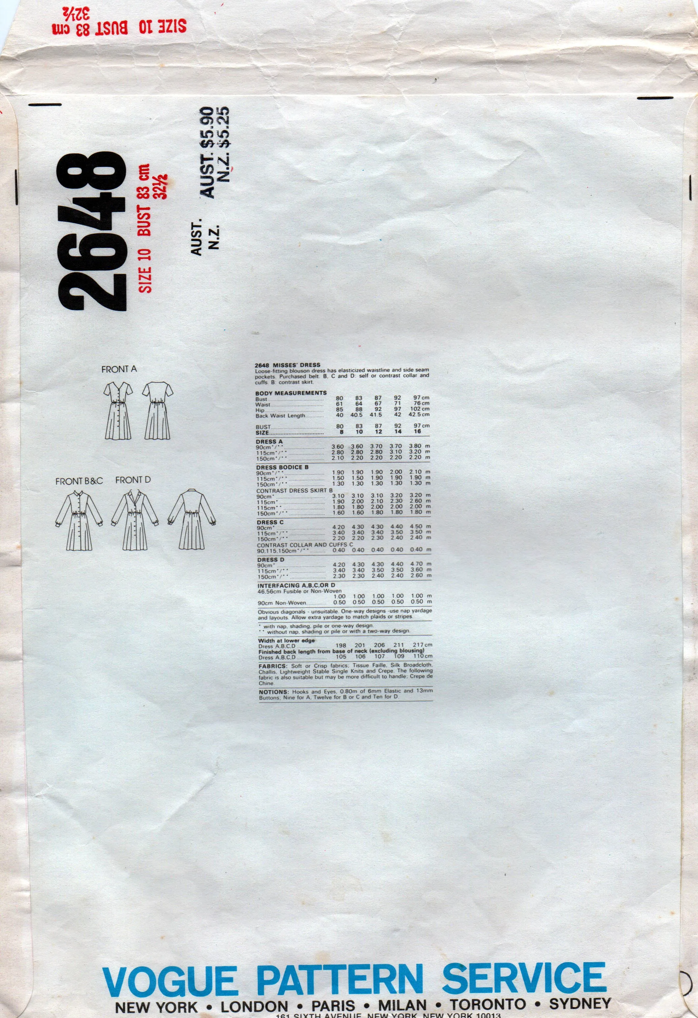 Vogue 2648 Womens EASY Blouson Style Shirtdress 1980s Vintage Sewing Pattern Size 10