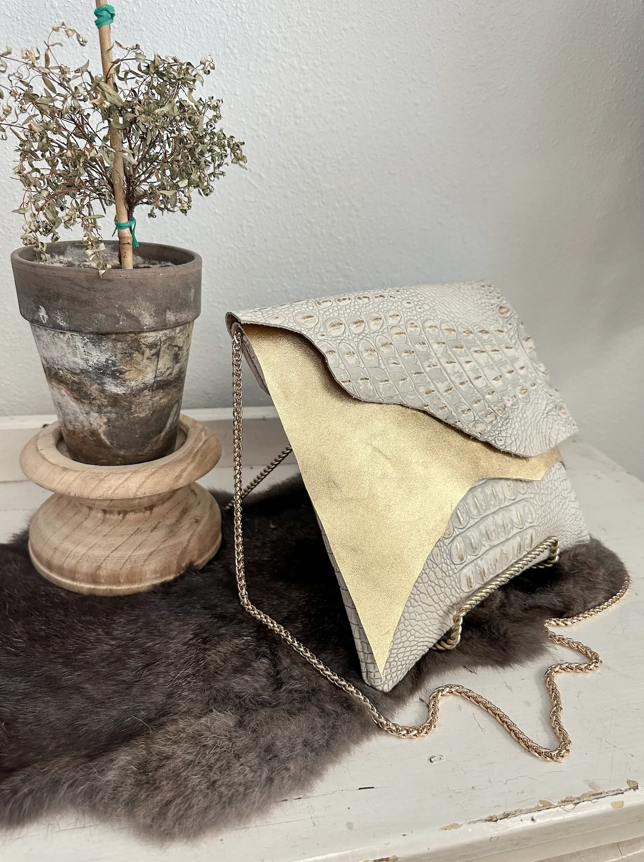 White and Gold Croc Double Flap Clutch/Crossbody