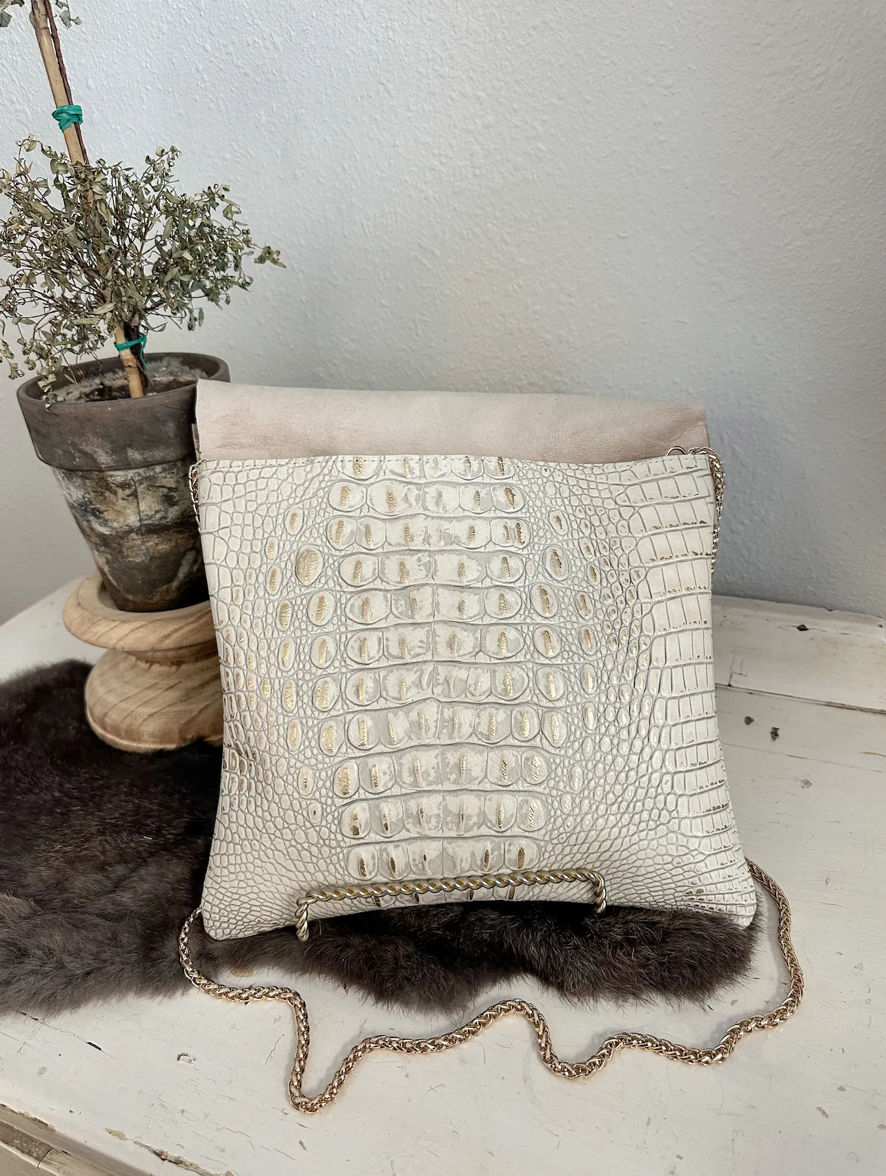 White and Gold Croc Double Flap Clutch/Crossbody