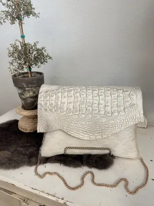 White and Gold Croc with Cream Hide Clutch/Crossbody