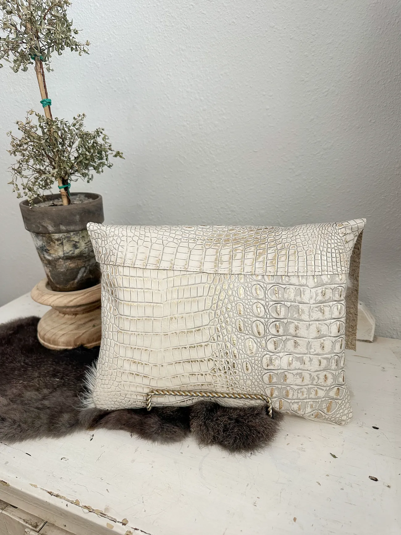 White and Gold Croc with Cream Hide Clutch/Crossbody