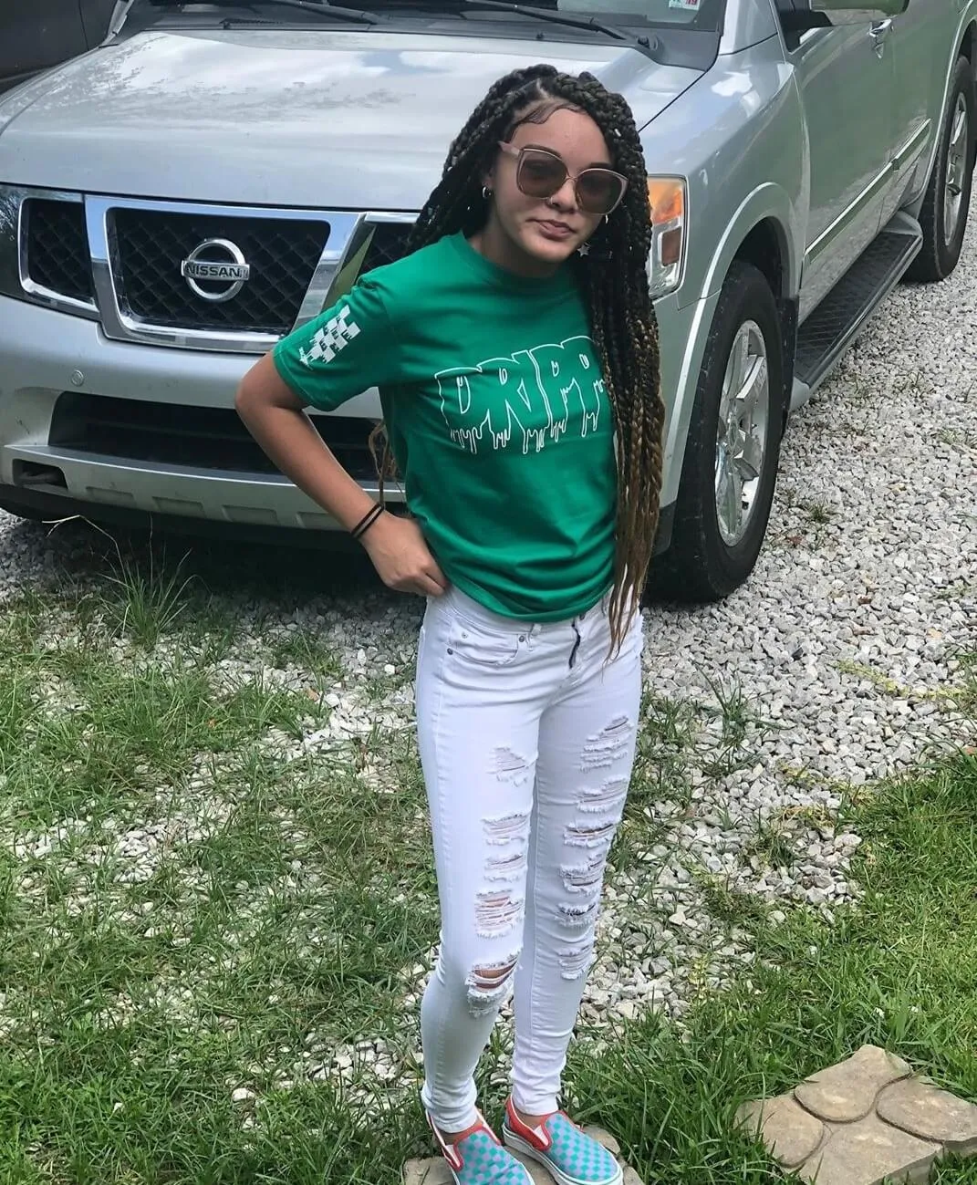 White Drippin | Green Tee (Solid Checkered Drippin Sleeve)
