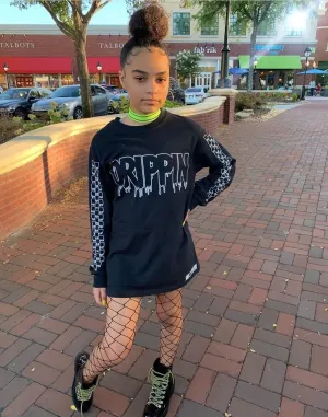White Drippin Outline | Black Long Sleeve Tee (Outline Checkered Drippin Sleeves)