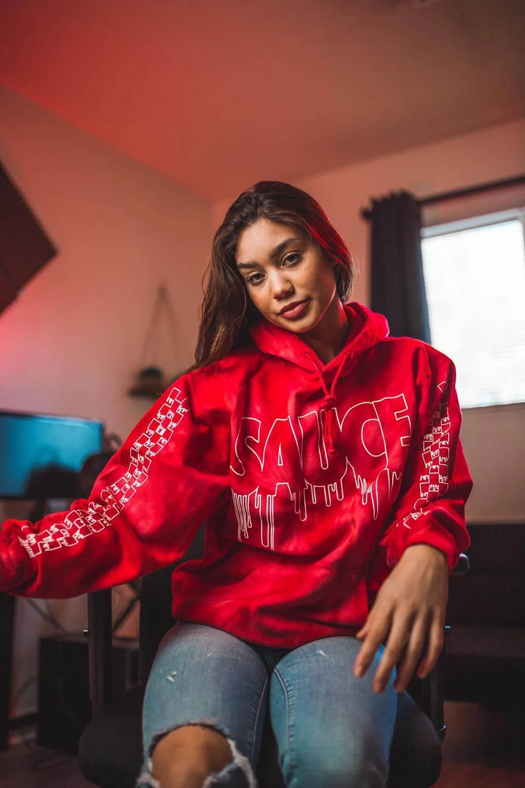White Outline Sauce | RedMill Hoodie (Outline Checkered Drippin Sleeve)